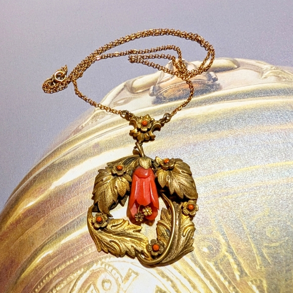 Antique Jewelry - Art Nouveau Era Carved Coral Lavaliere Necklace ~ Antique